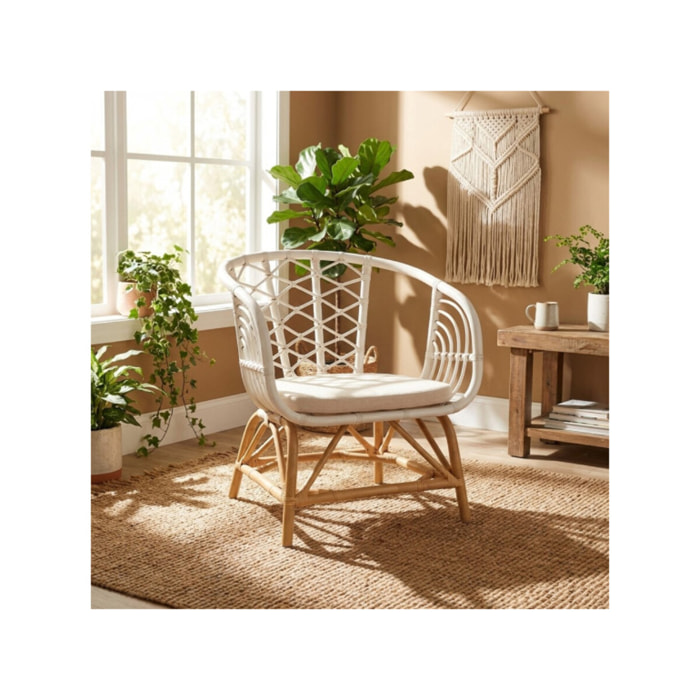 Fauteuil relax en rotin tressé bicolore blanc avec coussin – AURA