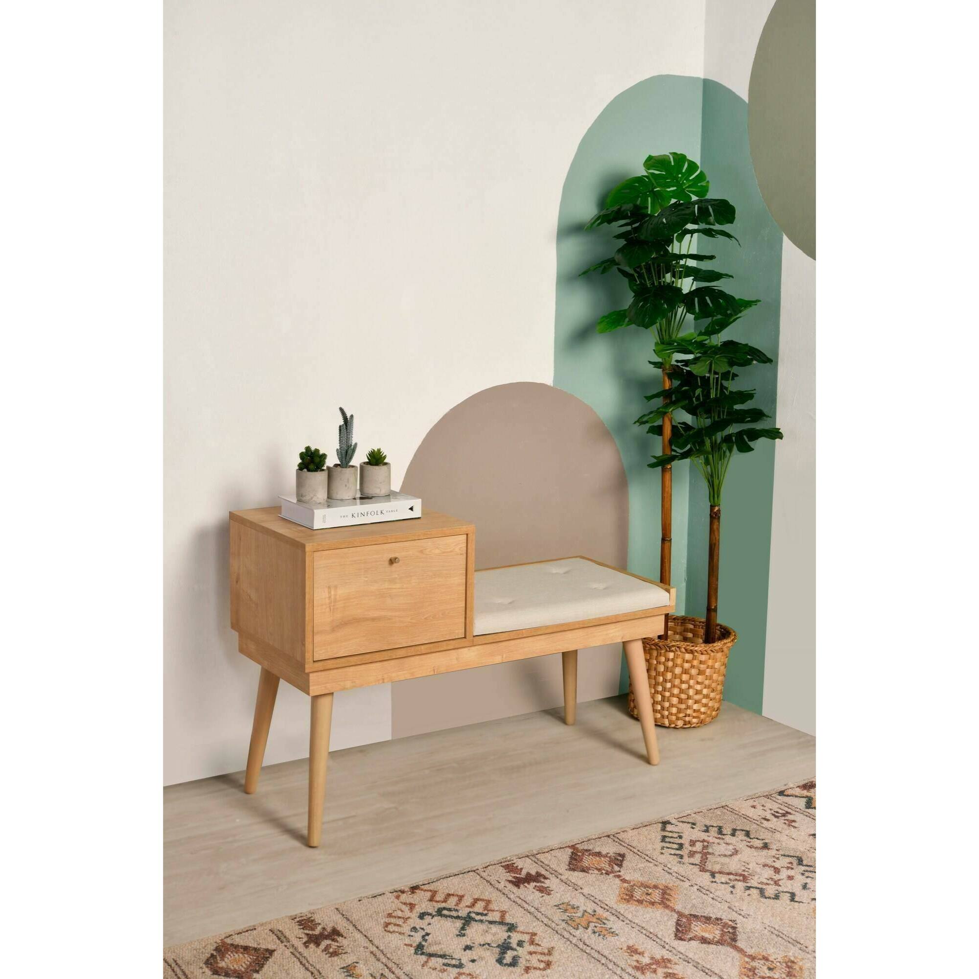 Panca Asolo, Panchina multiuso, Seduta per ospiti, Cassapanca multifunzione, 40x105h45 cm, Quercia e Crema