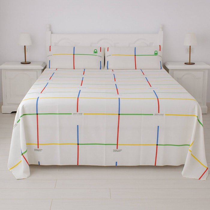 Set 3pc cama (sábana bajera 140x200+30cm + sábana encimera 240x240cm + funda almohada 45x115cm) rainbow benetton 70%algodón + 30% poliéster