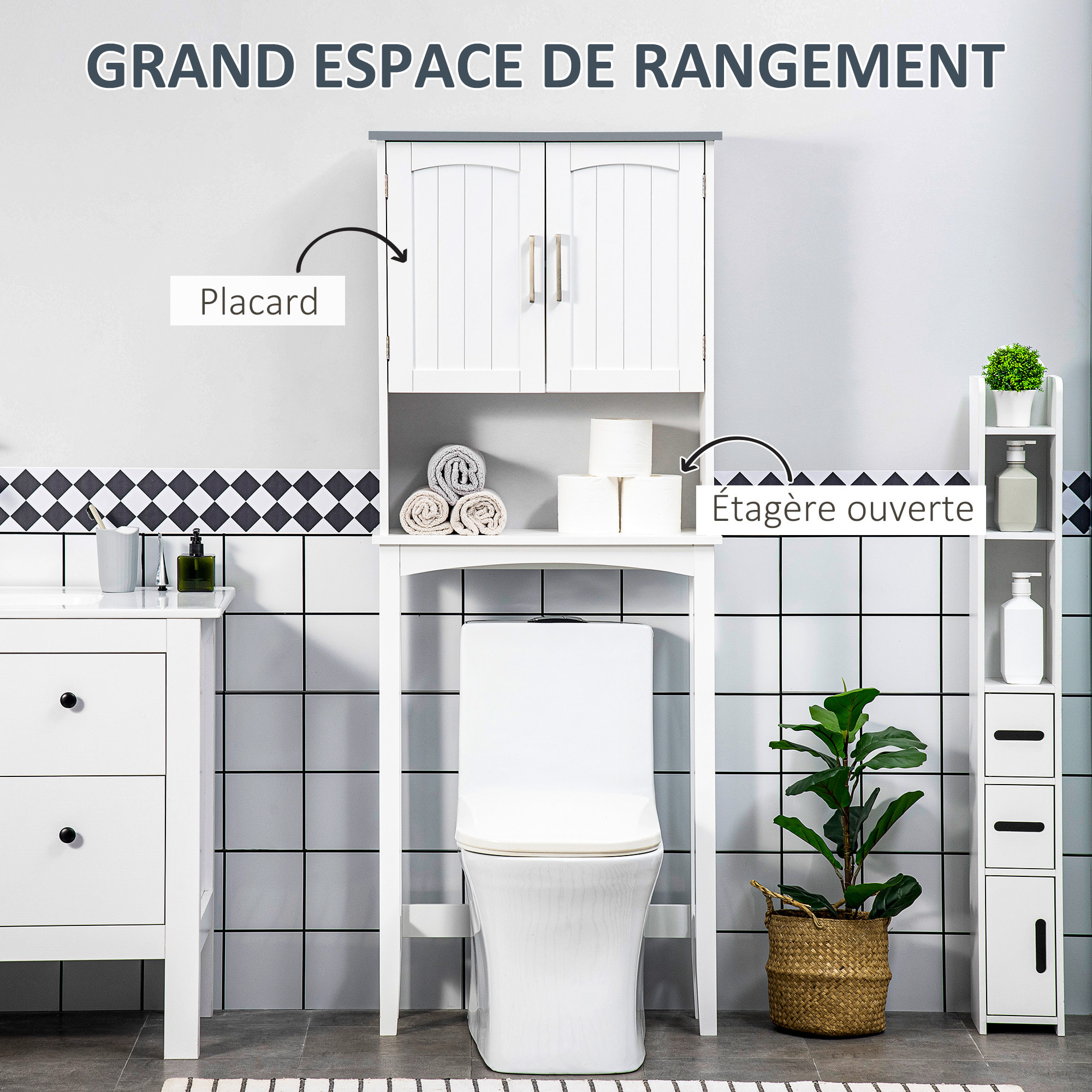 Meuble WC meuble dessus toilettes 2 portes étagère réglable niche dim. 64 x 22 x 165 cm blanc gris