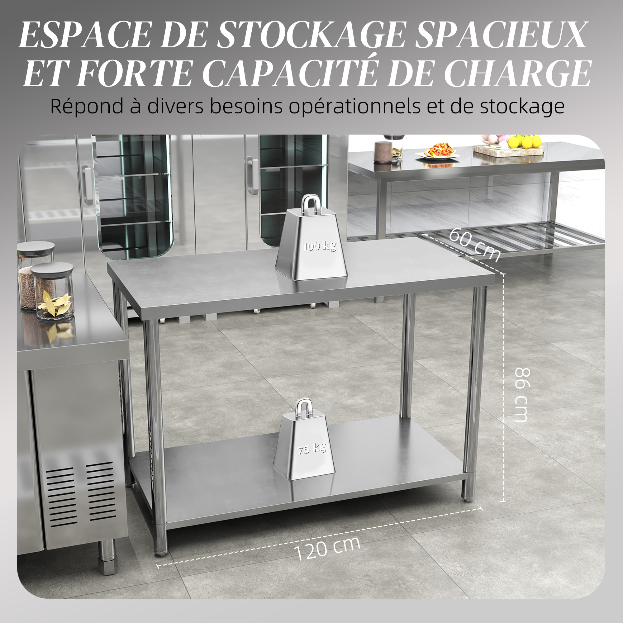 Table de travail acier inox - table de cuisine professionnelle avec étagère 120 x 60 x 86 cm