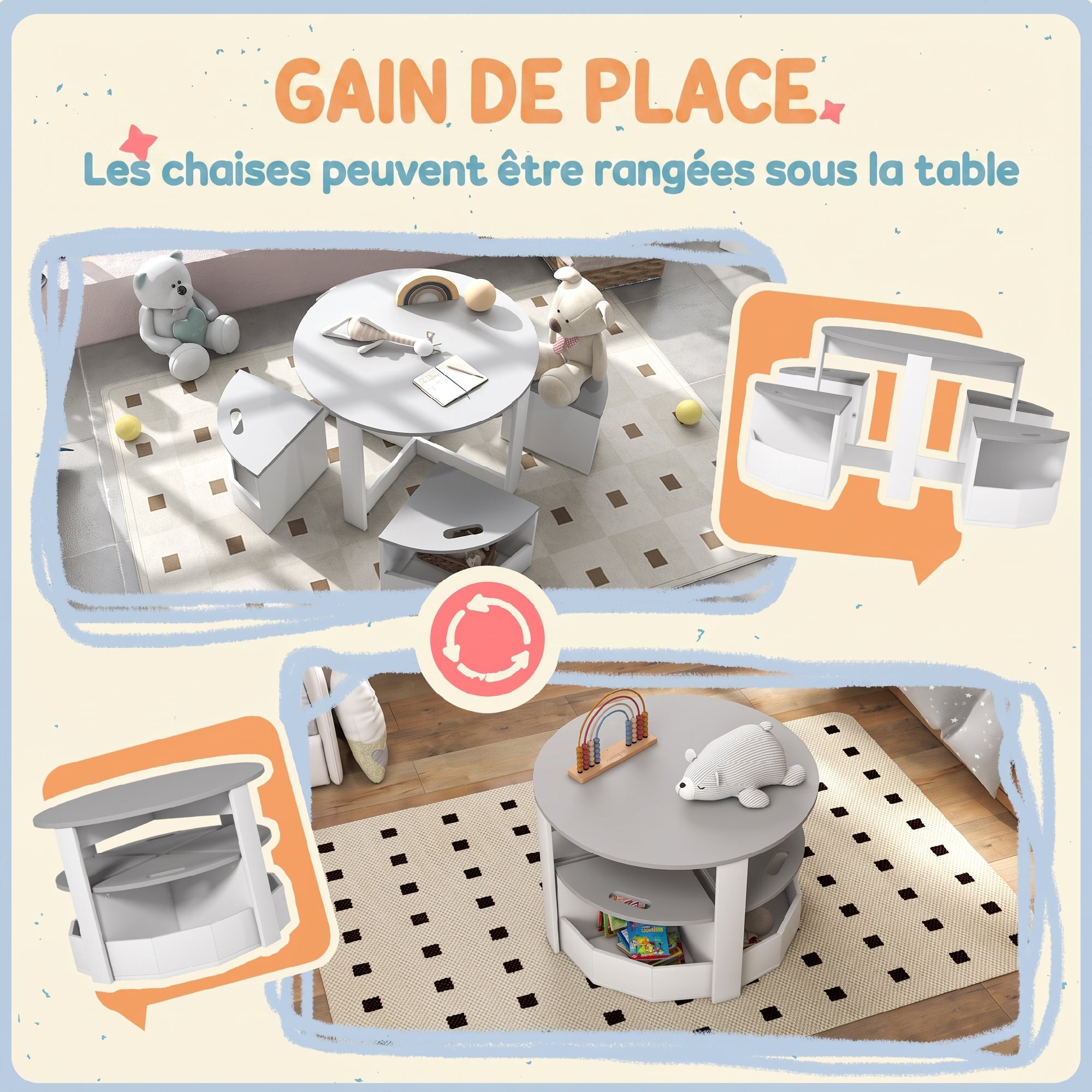 Ensemble table ronde chaises enfant encastrables 4 pers. rangements