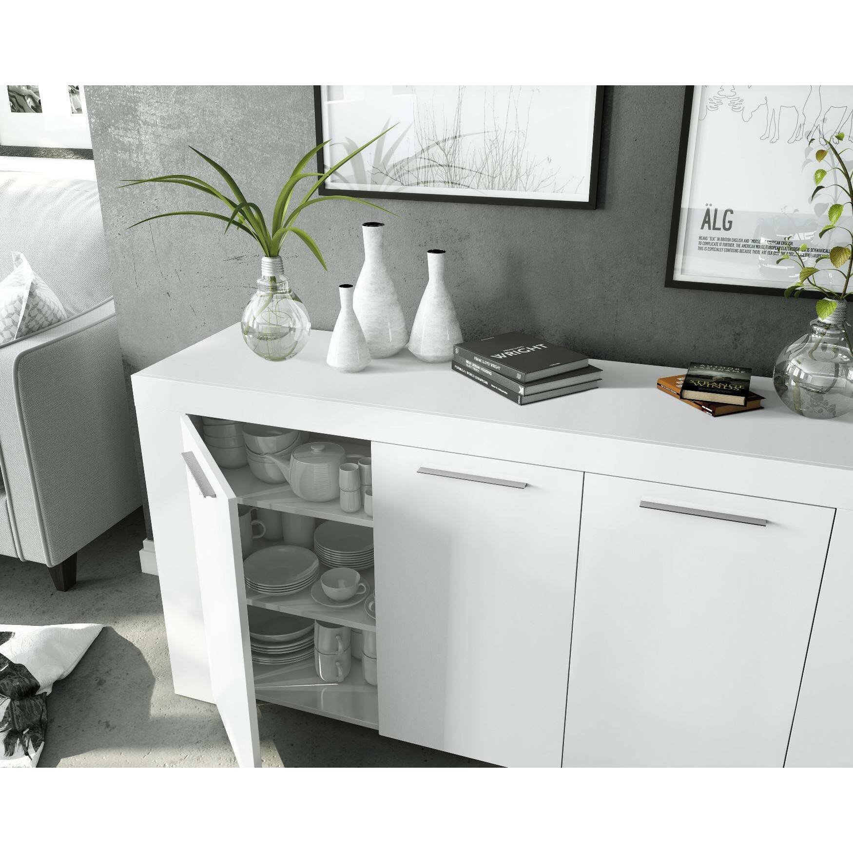 Credenza Bellevue, Madia moderna a 3 ante, Buffet da soggiorno, Mobile porta TV, Madia per salotto, cm 144x42h80, Bianco