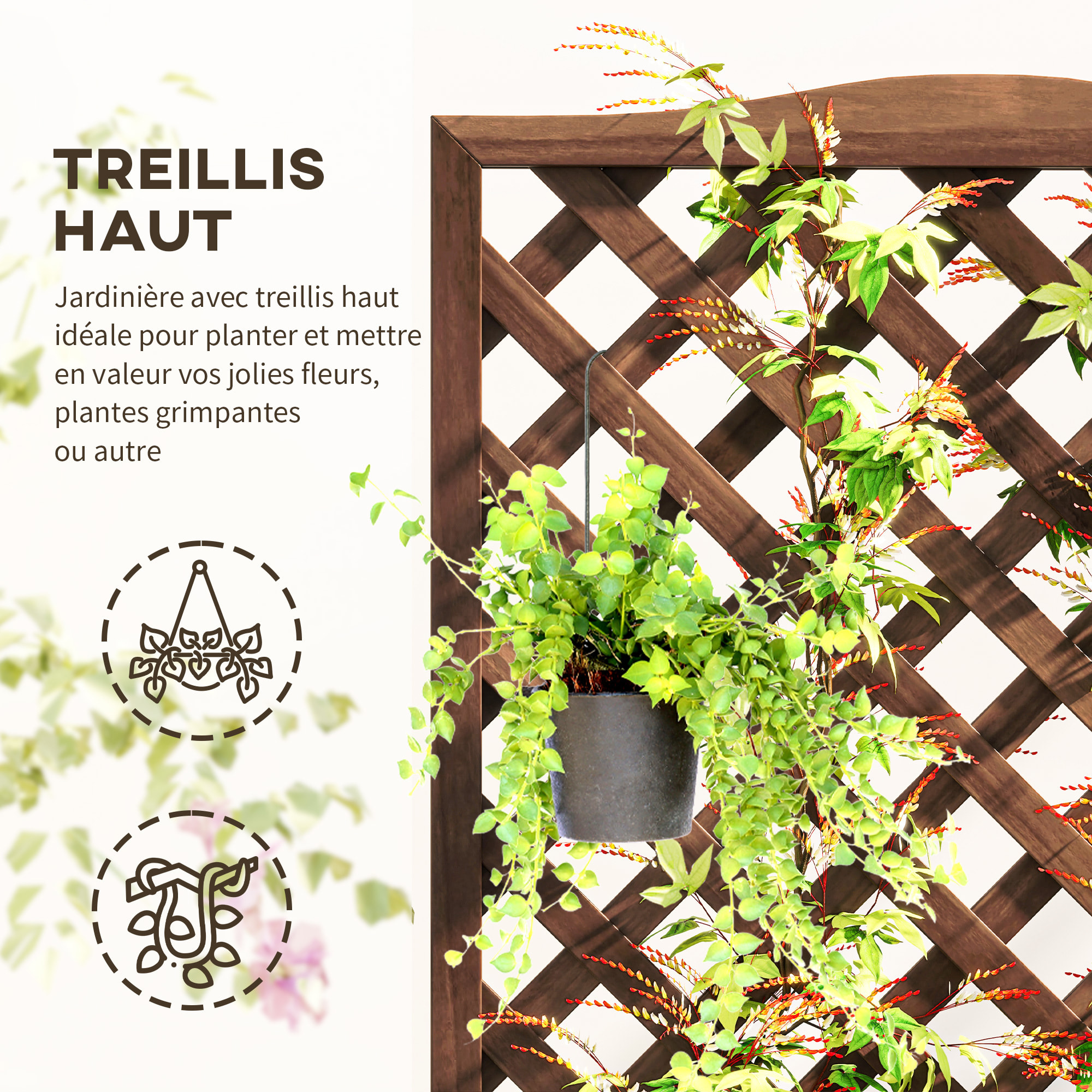 Jardinière treillis haut - bac à fleurs - 76 x 36 x 170 cm - bois sapin verni