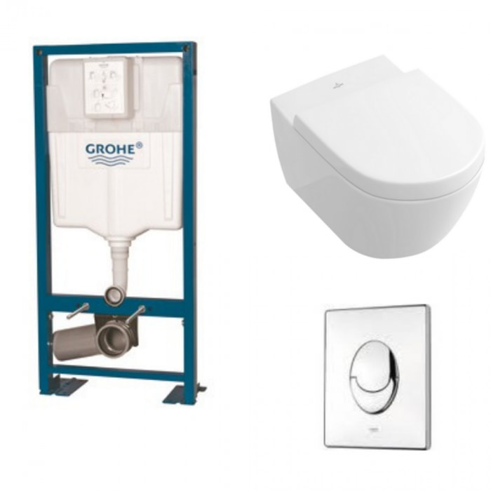 Pack WC suspendu sans bride Subway 2.0 + abattant + plaque chromée + bâti Grohe