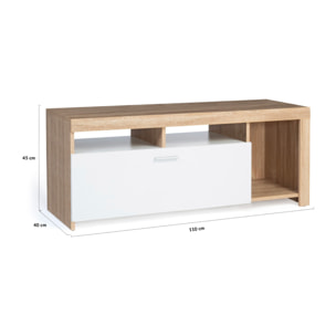 Meuble TV Maryse bois et blanc rangements multiples L110cm