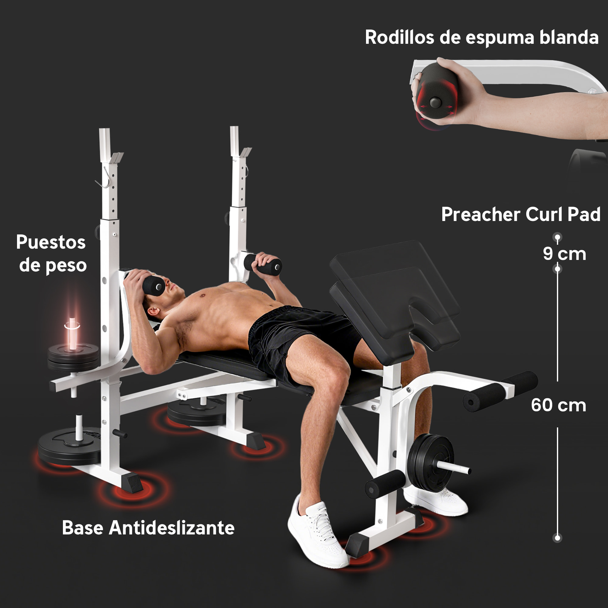 Banco de Musculación Multifuncional Inclinable, Banco de Pesas, Press Banca con Soporte para Barra Ajustable, Extensión de Piernas, Curl de Predicador, Mariposa, Entrenamiento en Casa, Gimnasio