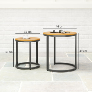 Juego de 2 Mesas de Jardín con Encimera de Madera de Acaica Diseño Listones Mesas Auxiliares de Jardín Nido con Marco de Acero y Pies Ajustables para Balcón Terraza Patio Teca y Negro