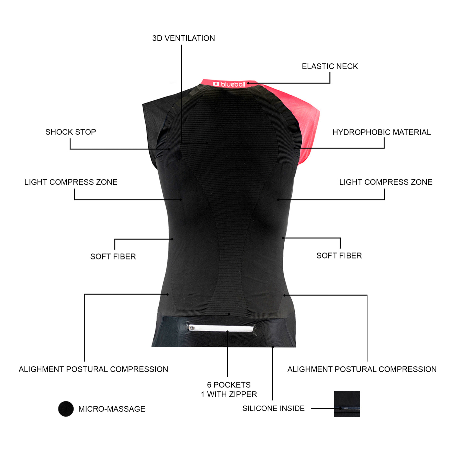 CAMISETA DE COMPRESIÓN RUNNING MUJER SIN MANGAS BLUEBALL EN NEGRO Y ROSA