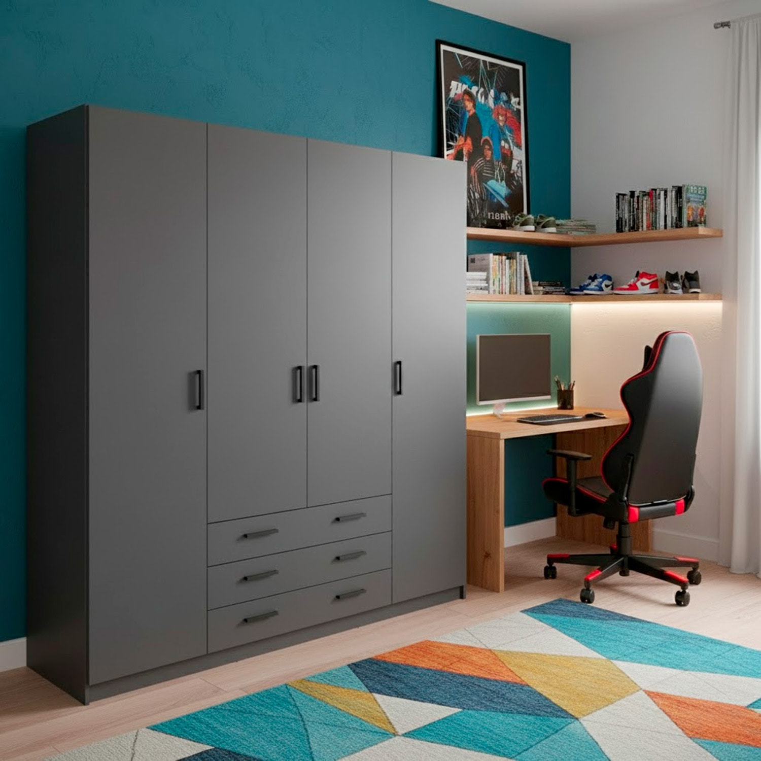 Armadio Con 4 Ante E 3 Cassetti Armadietto Multiuso Barra Appendiabiti E 8 Ripiani Di Cui 6 Regolabili Extra Capiente 195,5x49,6x200,4 Cm Grigio Scuro