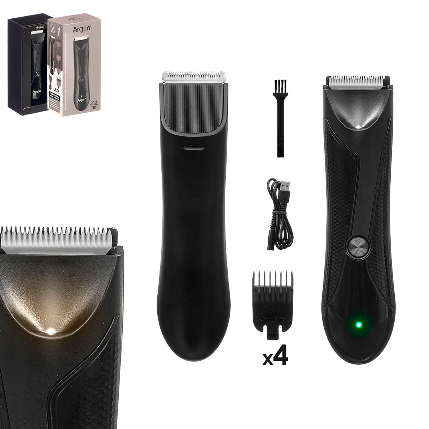 Recortadora negra con accesorios. Batería recargable de 600mAh. Incluye 4 Peines (1,5-2,5-3,5-4,5 mm).