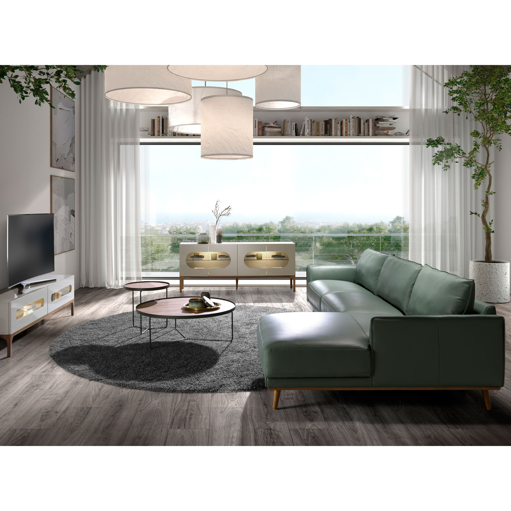 Sofá chaise longue derecha de 5 plazas tapizado en piel de origen vacuno en verde patas de madera en miel 295x160x90cm