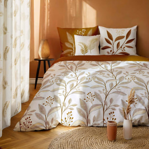 Parure de lit 3 pièces en coton à motif feuilles housse + taies - Blanc