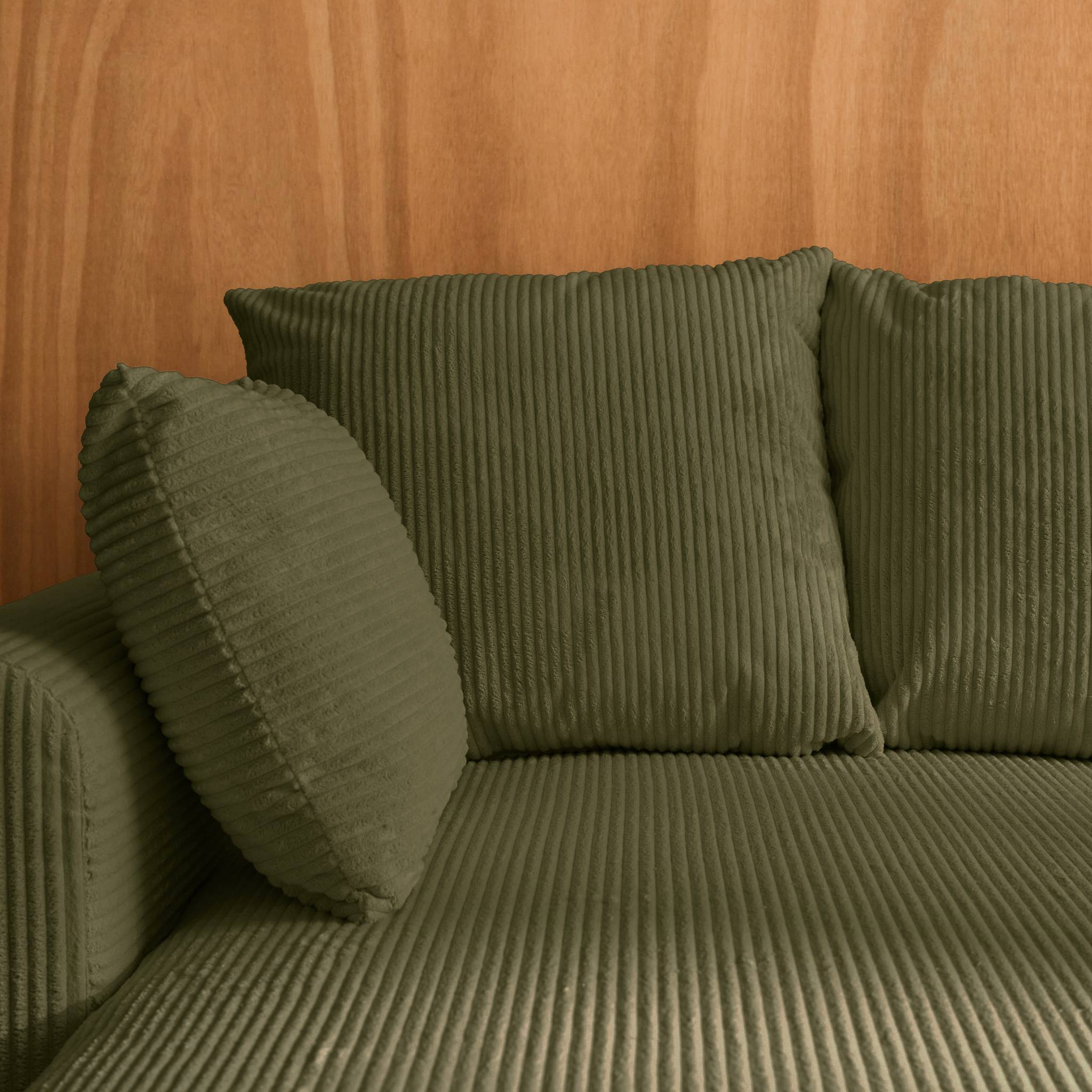 Canapé d'angle convertible réversible 3 places velours côtelé kaki avec coffre de rangement - Almo