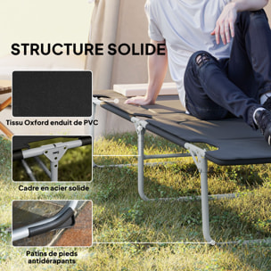 Lit de camp pliable avec matelas grand confort - oreiller amovible, antidérapant - métal polyester noir