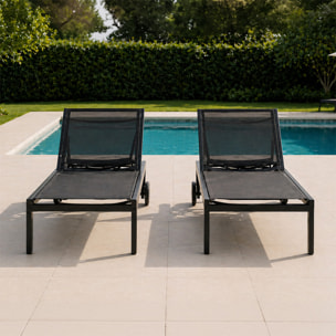 Lot de 2 bains de soleil inclinables noir avec roues en aluminium CARA