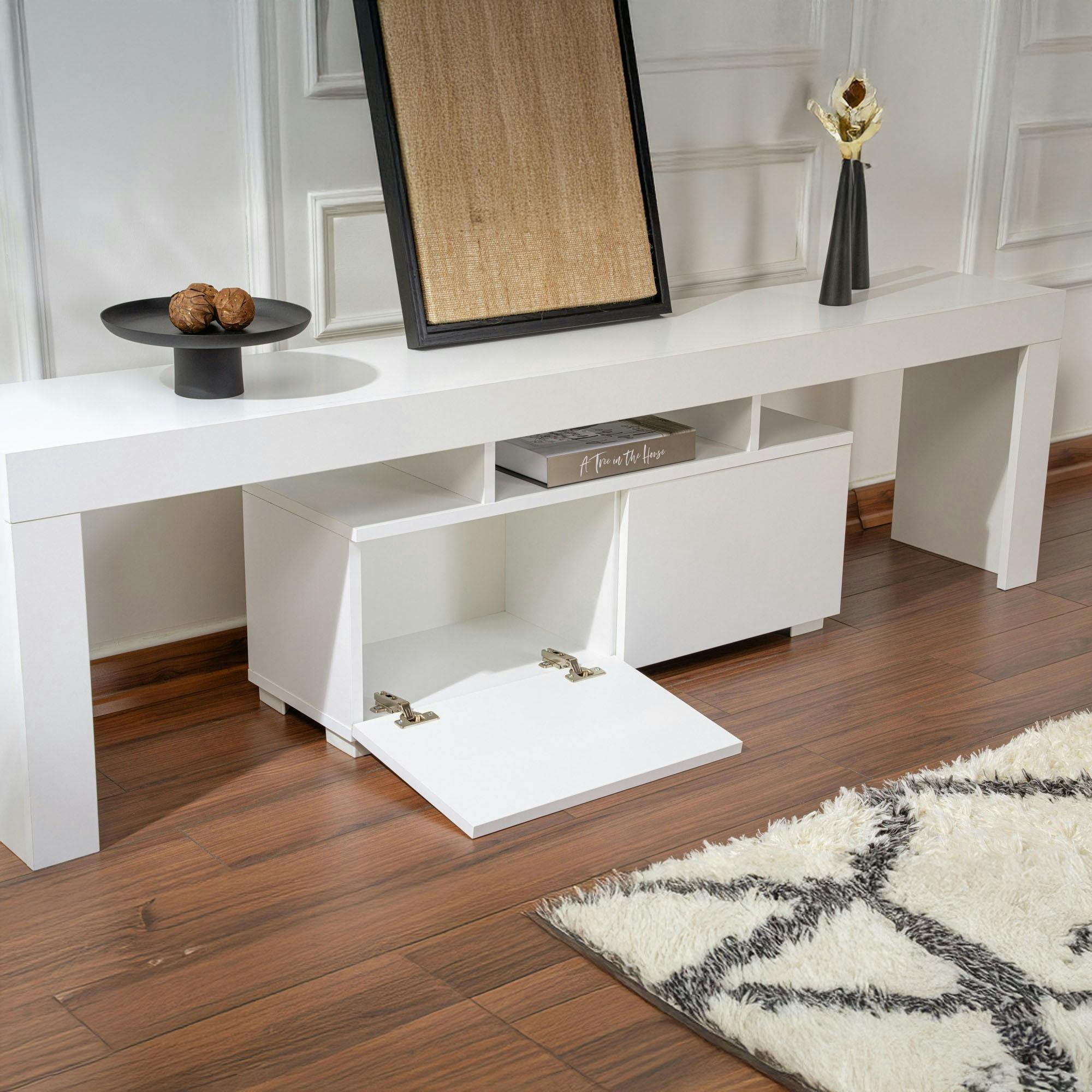 Banc TV moderne blanc avec rangement - effet laque MARFA