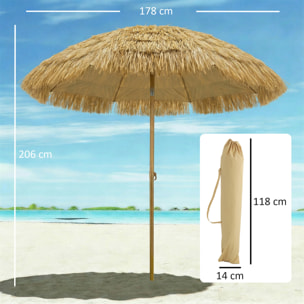 Sombrilla de Playa con Flecos de Paja Ø178 cm, Sombrilla de Terraza Exterior con Inclinación, Altura Ajustable, UV50+, Bolsa de Transporte, Anclaje de Arena, Marrón Claro