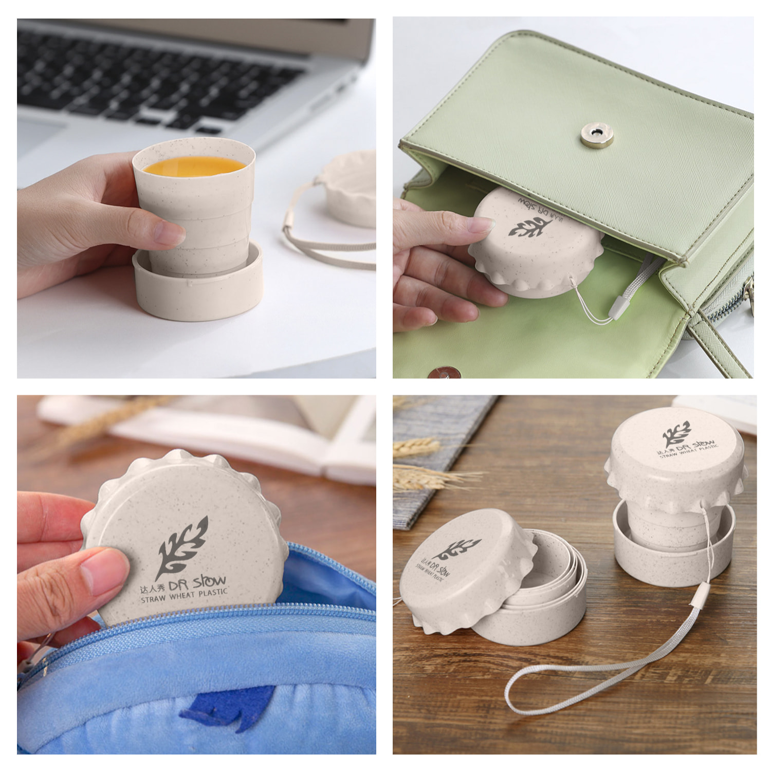 Bicchiere pieghevole in fibre naturali 130ml. Realizzato in paglia di grano, con lanyard per appendere.