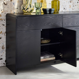 Buffet de rangement. buffet bas. 2 tiroirs 4 portes effet bois noir arrondi