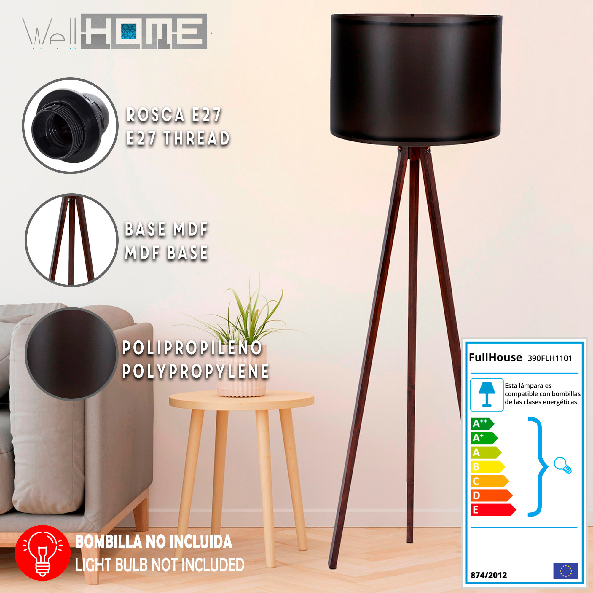 Lámpara de pie 145 cm. negro/nogal, tipo E 27 Max 45 - 60 W