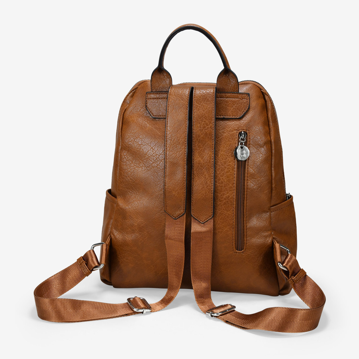 Mochila cuero con cremallera y bolsillos laterales