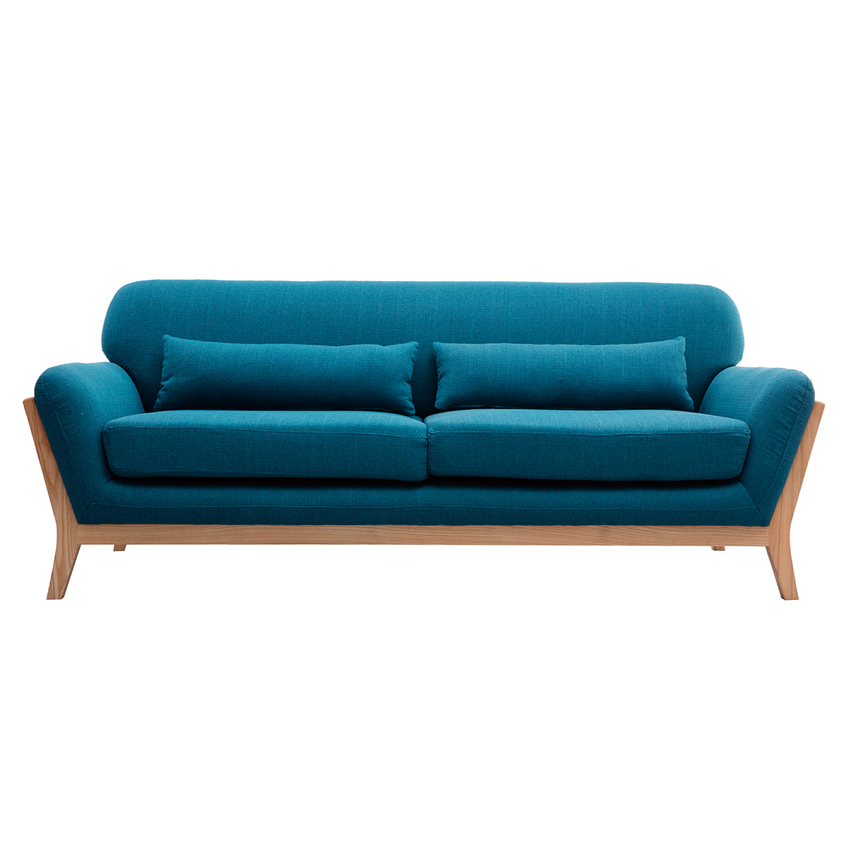 Canapé scandinave 3 places en tissu bleu canard et bois clair YOKO