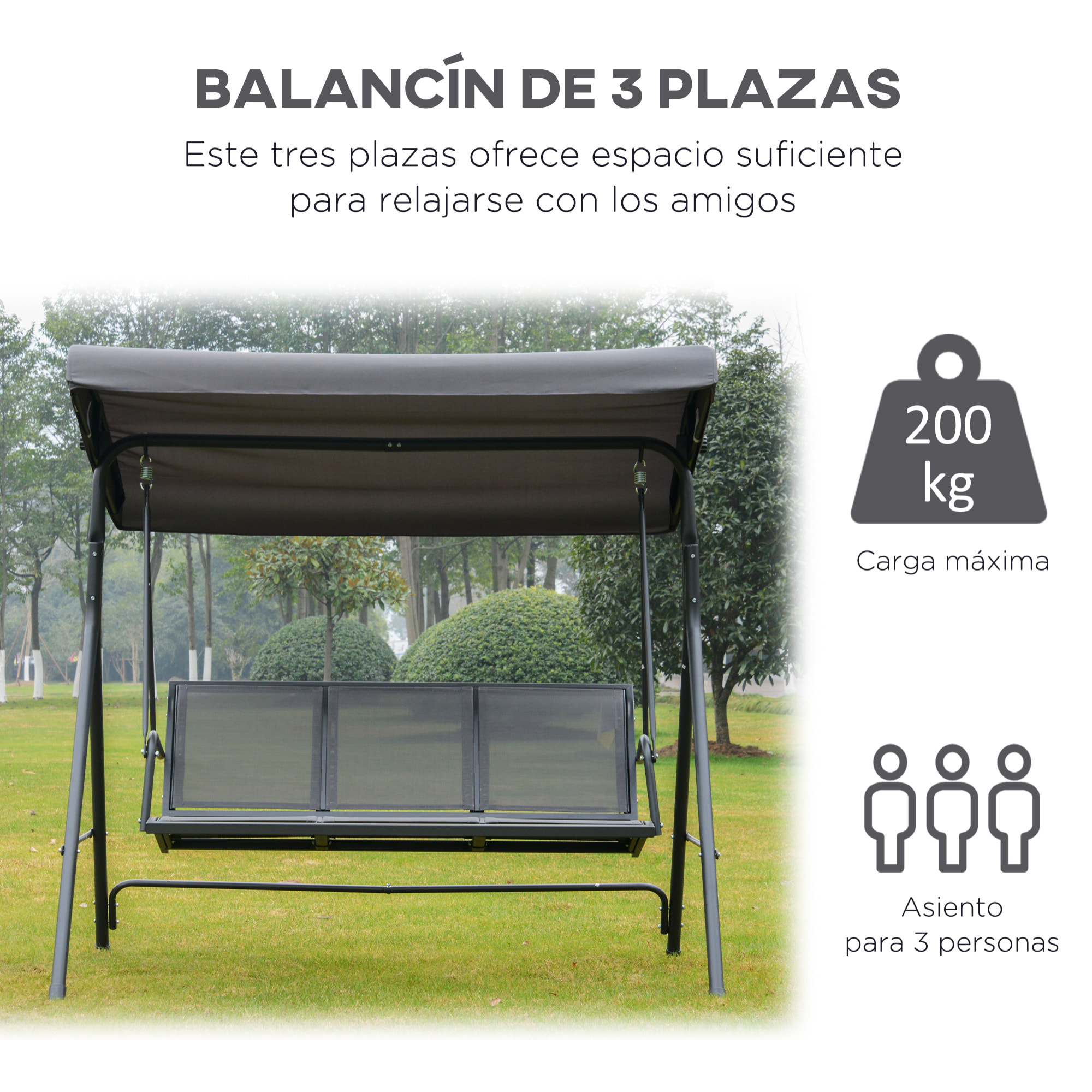 Columpio Balancín Jardín de 3 Plazas con Techo Parasol Ajustable Respaldo Transpirable y Marco de Acero para Terraza Balcón Exterior 175x118x159 cm Gris