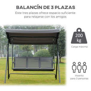 Columpio Balancín Jardín de 3 Plazas con Techo Parasol Ajustable Respaldo Transpirable y Marco de Acero para Terraza Balcón Exterior 175x118x159 cm Gris
