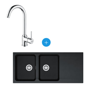 Kit évier Orion OID 621, double bac, Carbone + Mitigeur Pola, col de cygne, Chrome (114.0276.028-POLA)