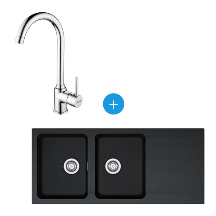Kit évier Orion OID 621, double bac, Carbone + Mitigeur Pola, col de cygne, Chrome (114.0276.028-POLA)