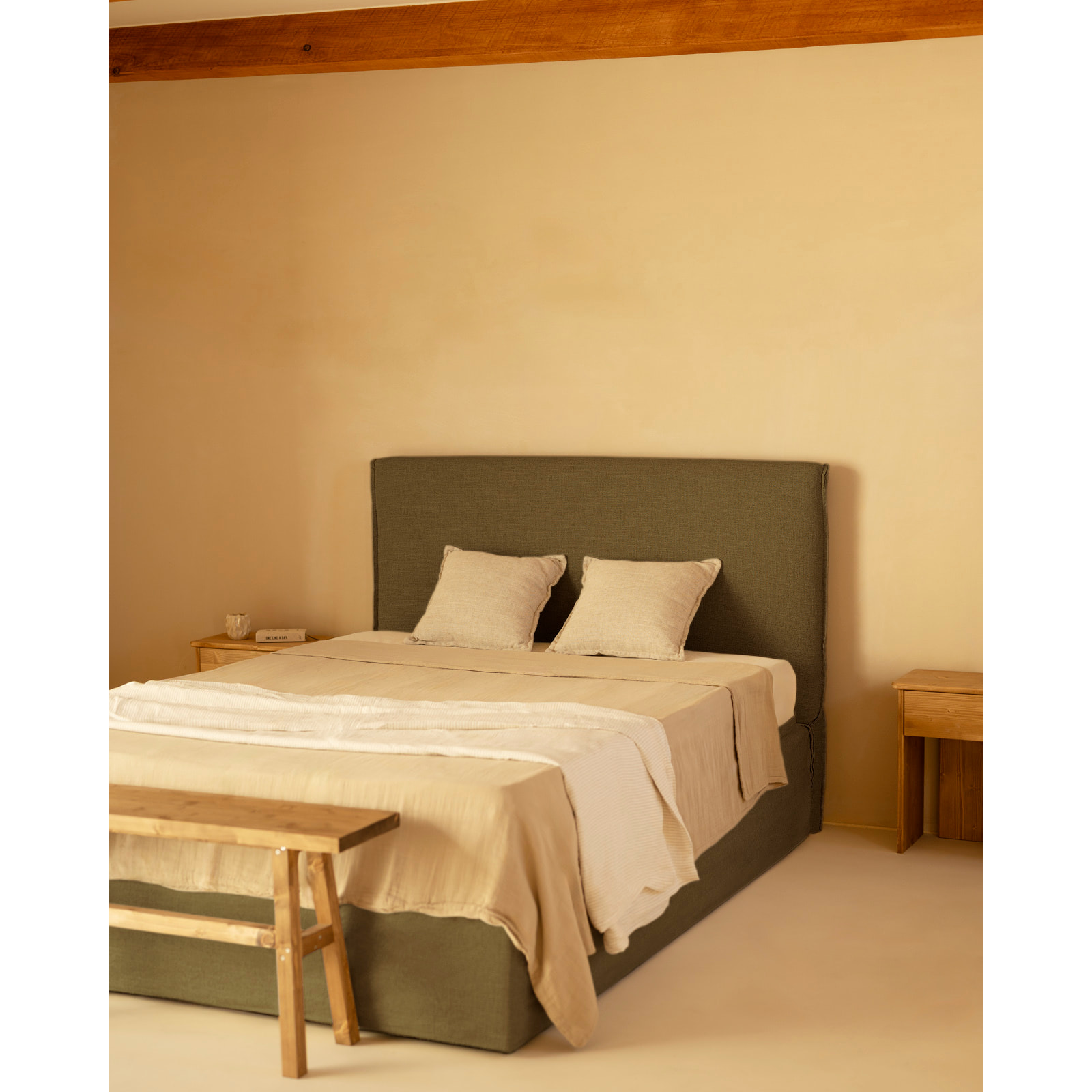 Cama con canapé desenfundable de lino verde para colchón de varias medidas