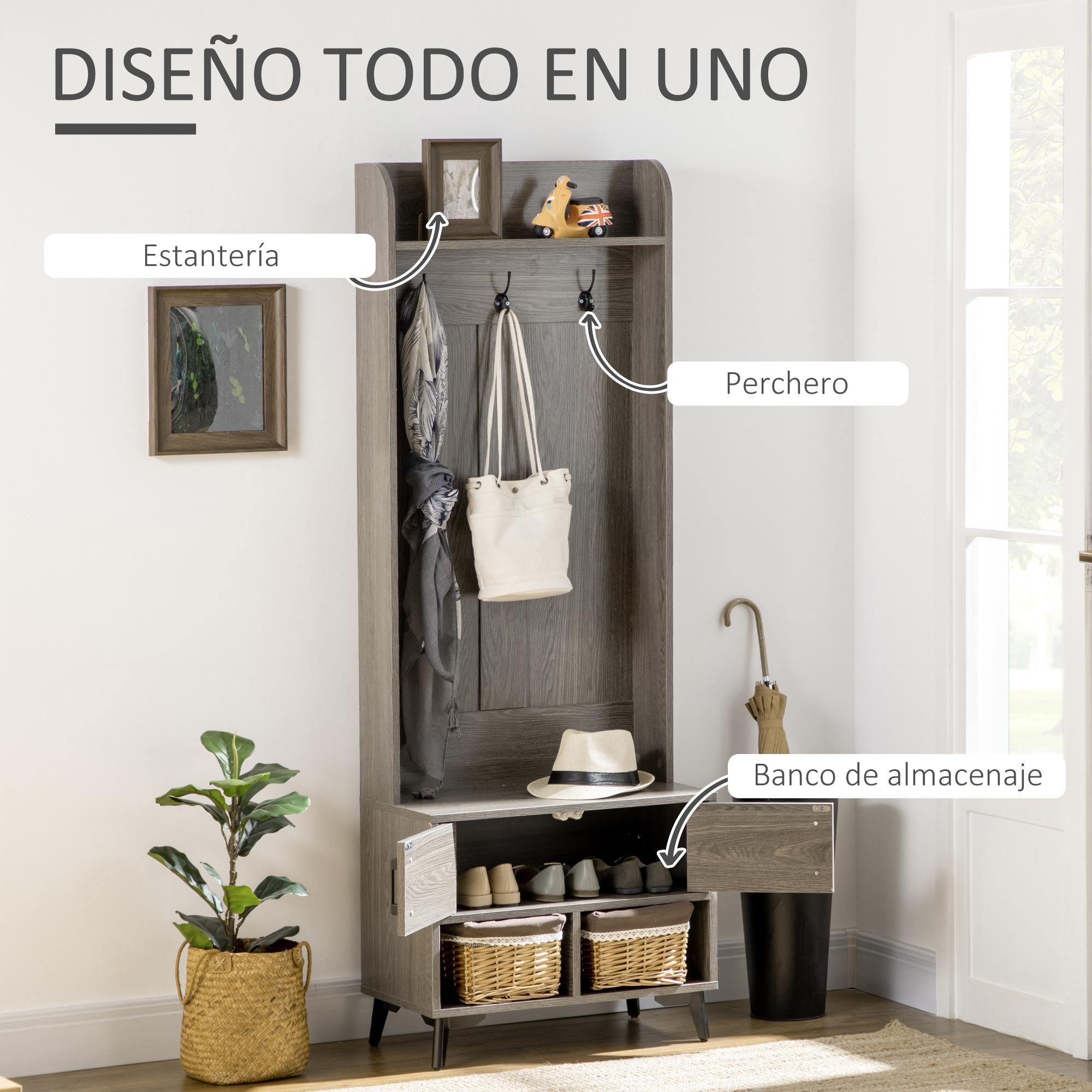 Perchero con Zapatero Perchero Entrada Recibidor con 3 Ganchos 2 Puertas 2 Compartimientos y Estante de Almacenamiento para Pasillo 60x34x170 cm Gris