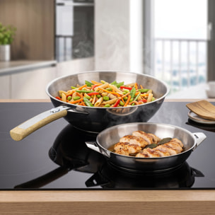 Eclipse - Lot de 1 poêle 24 cm et 1 wok 28 cm finition miroir avec poignée effet bois clair