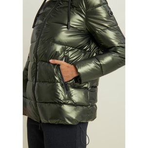 Piumino donna lucido con cappuccio protettivo e coulisse