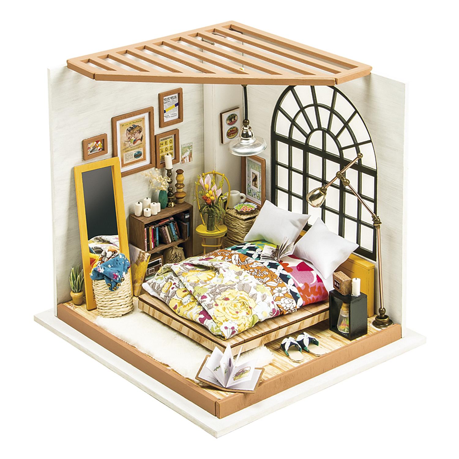 Dormitorio Alice Dreamy. Casa de muñecas maqueta de madera para pintar y montar. 142 piezas.