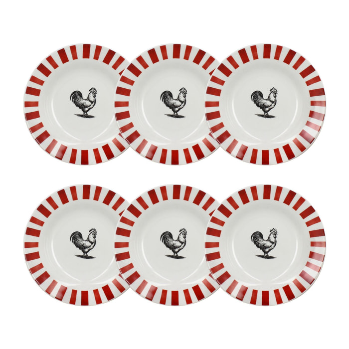 Lot de 6 assiettes creuses 20cm en porcelaine rouge et blanc COCORICO