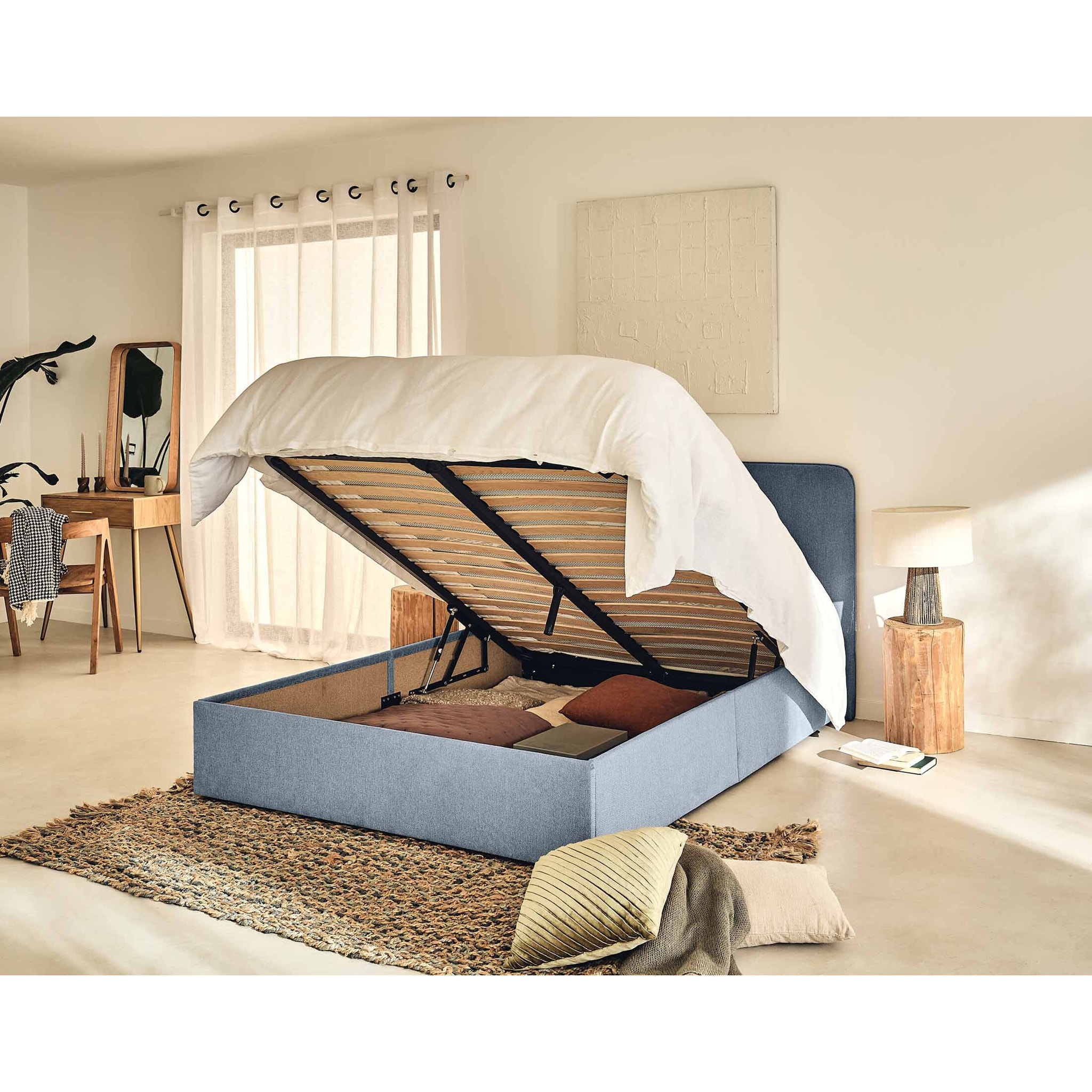 Goyave - lit coffre - 140x190 - en tissu - sommier inclus - Bleu