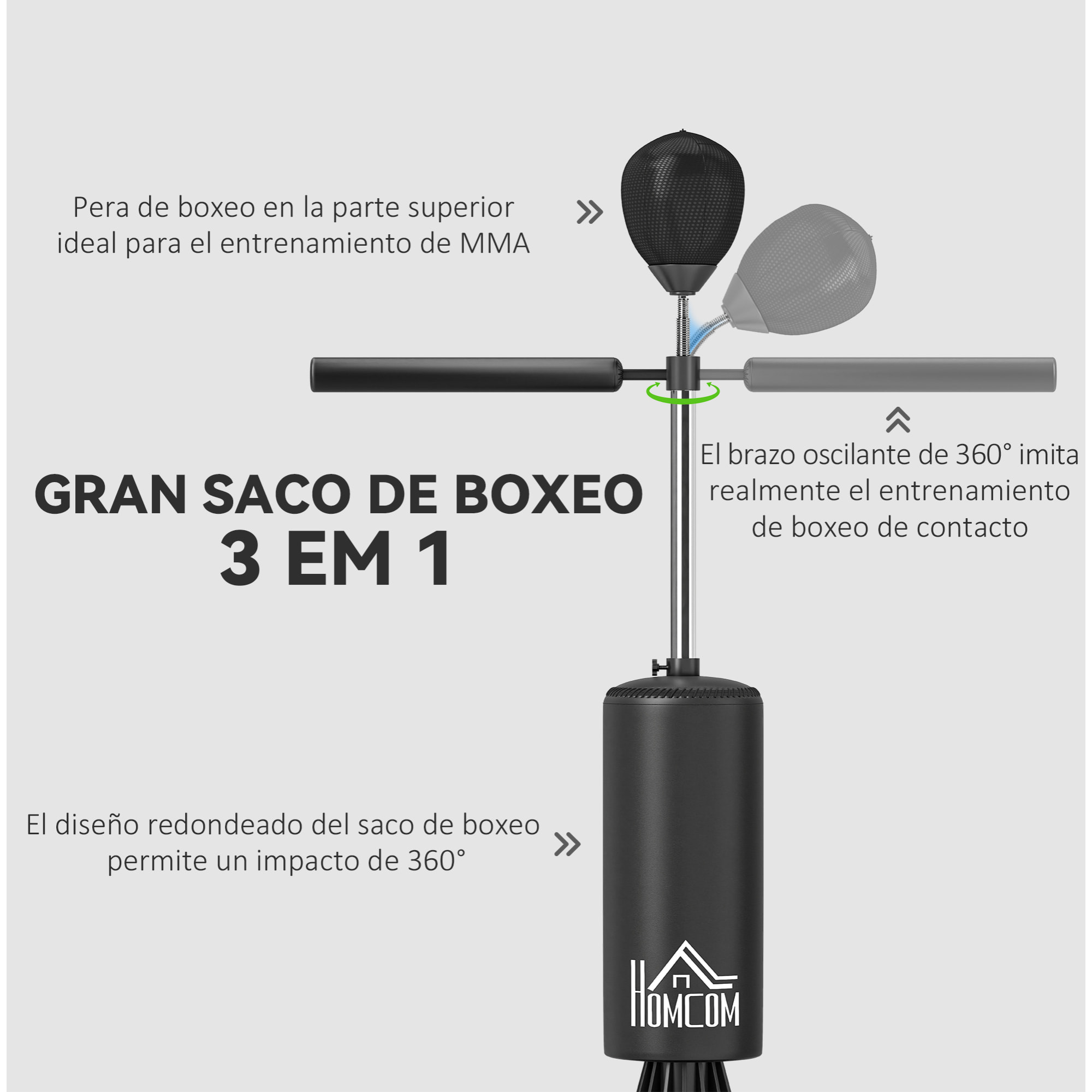 Saco de Boxeo de Pie 155-205 cm, Saco de Boxeo con Barra Giratoria de 360°, Bola de Velocidad y Base Rellenable, Punching Ball para Adultos y Niños, Entrenamiento MMA, Muay Thai, Fitness, Negro