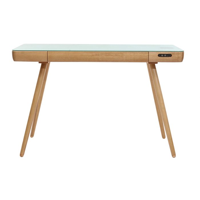 Bureau connecté multimédia avec tiroir en verre et bois clair L120 cm CLEVER