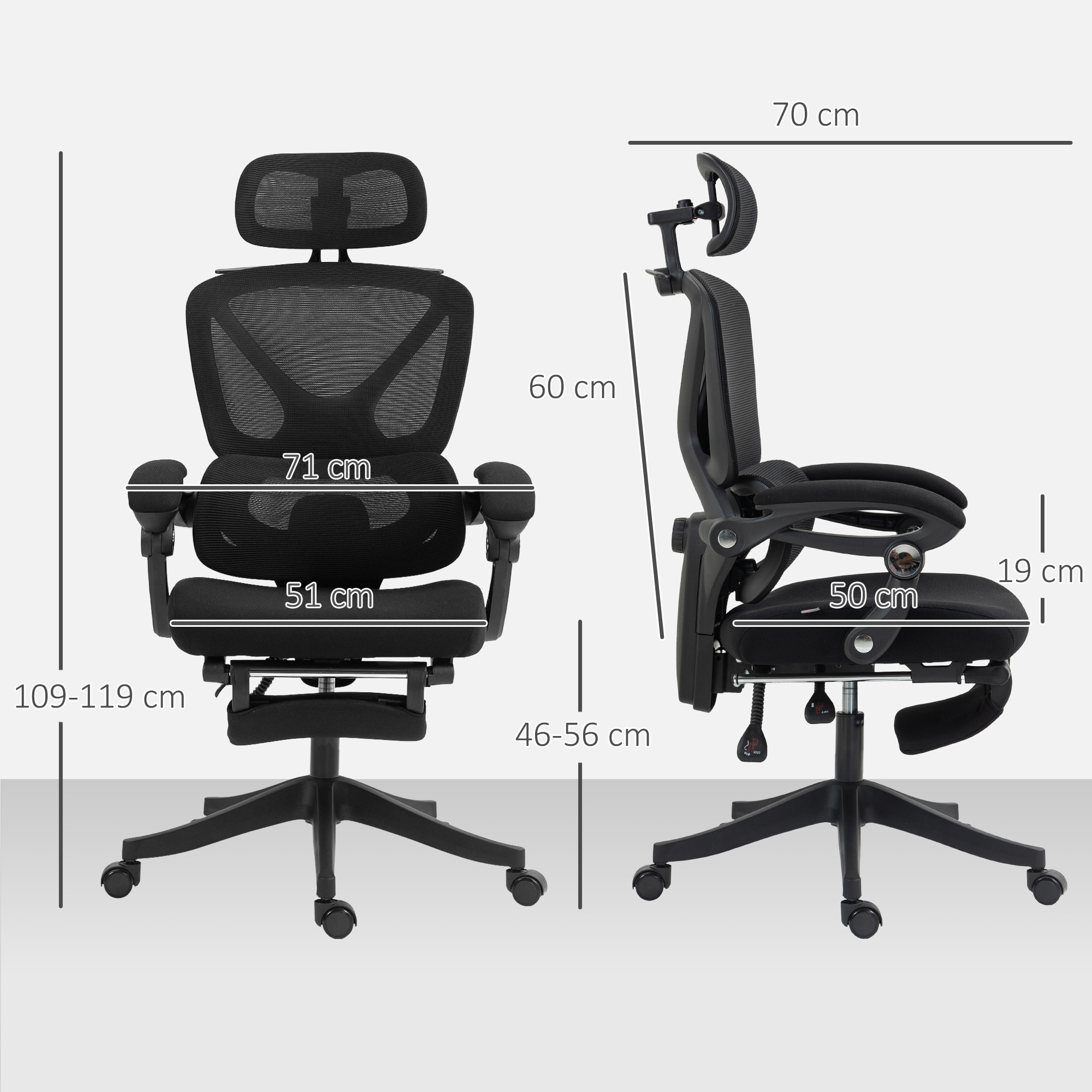 Silla de Escritorio de Malla Silla de Oficina Reclinable con Reposacabezas Soporte Lumbar Reposapiés y Altura Regulable Función de Basculante Carga 135 kg Negro