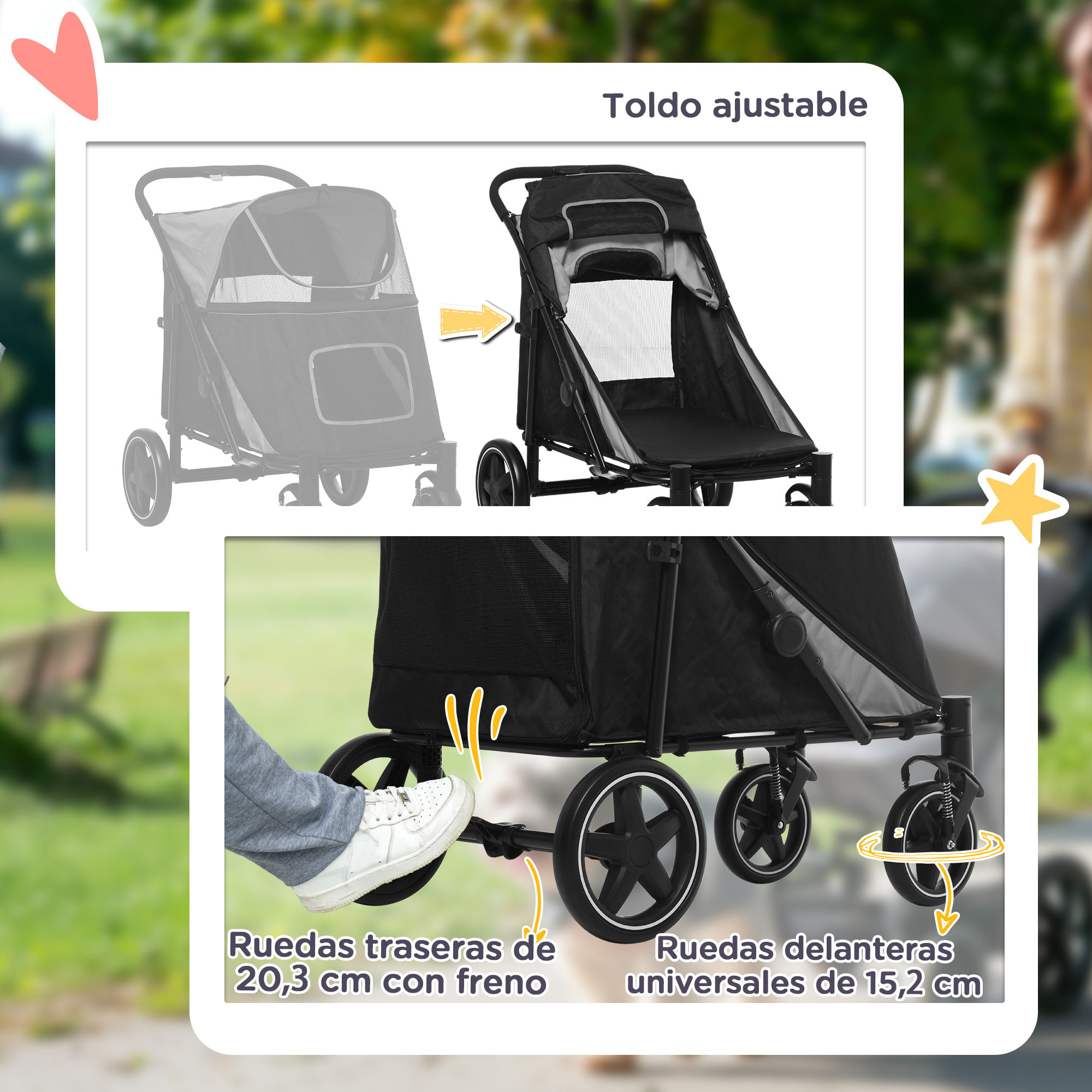 Cochecito para Perros Plegable Carrito para Mascotas con Ventanas de Malla Correas de Seguridad Bolsillos de Almacenamiento Carga 40 kg 112x65x100 cm Gris y Negro