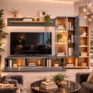 Parete Attrezzata Mobile TV Vetrina LED Living Mensola Vani Giorno Multifunzione Design Contemporaneo Arredo Casa 240 x 40 x 145 Cm Antracite Rovere