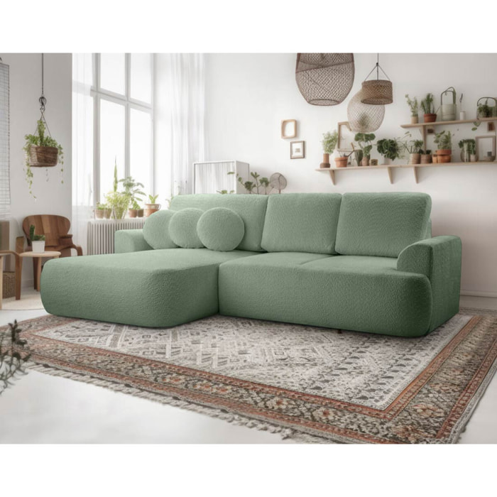 Candela - canapé d'angle gauche 4 places - convertible avec coffre - en tissu bouclette - Vert sauge