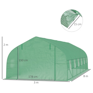 Serre tunnel grande taille 24 m² châssis tubulaire acier galvanisé renforcé 2,4 cm 12 fenêtres 1 porte vert