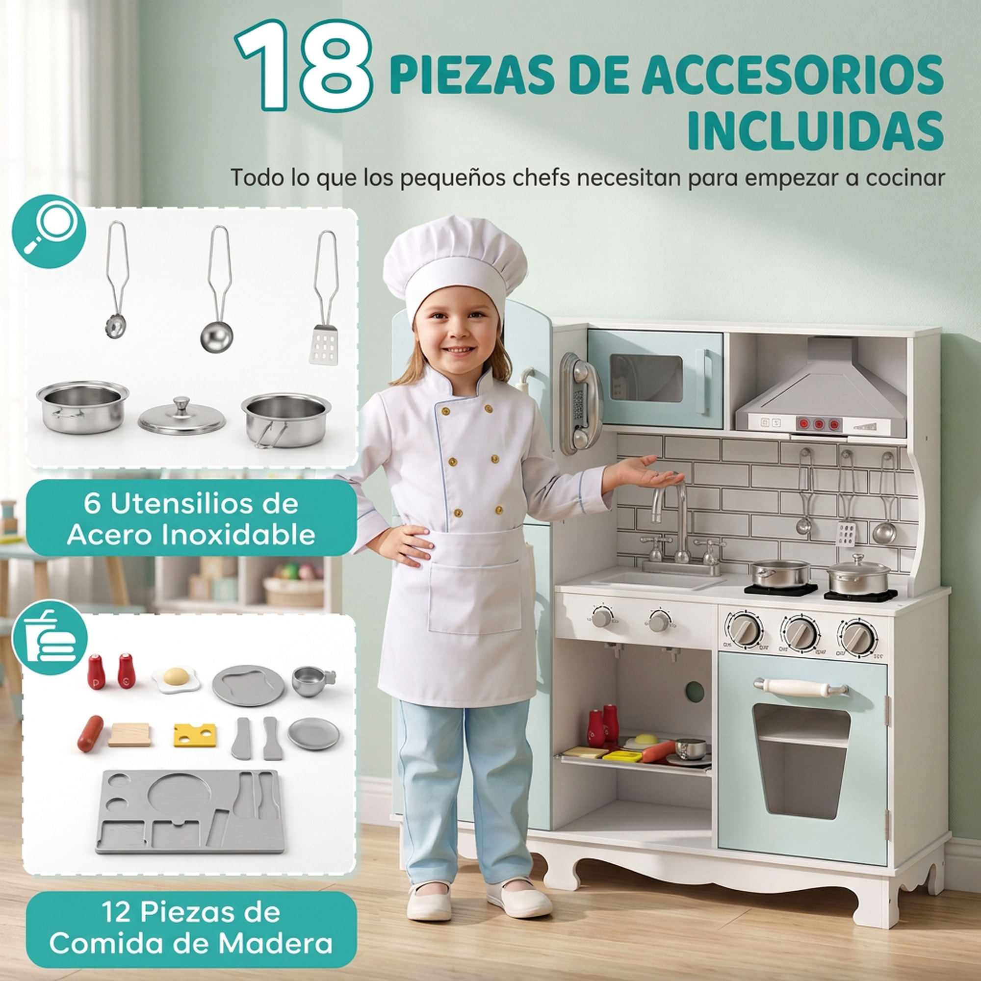 AIYAPLAY Cocina de Juguete de Madera con Luces y Sonidos. Cocinita Infantil con Campana Extractora, Dispensador de Agua, Cafetera, Nevera, Horno, Fregadero, Accesorios, 3-6 Años Verde Azulado