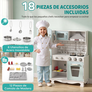 AIYAPLAY Cocina de Juguete de Madera con Luces y Sonidos. Cocinita Infantil con Campana Extractora, Dispensador de Agua, Cafetera, Nevera, Horno, Fregadero, Accesorios, 3-6 Años Verde Azulado