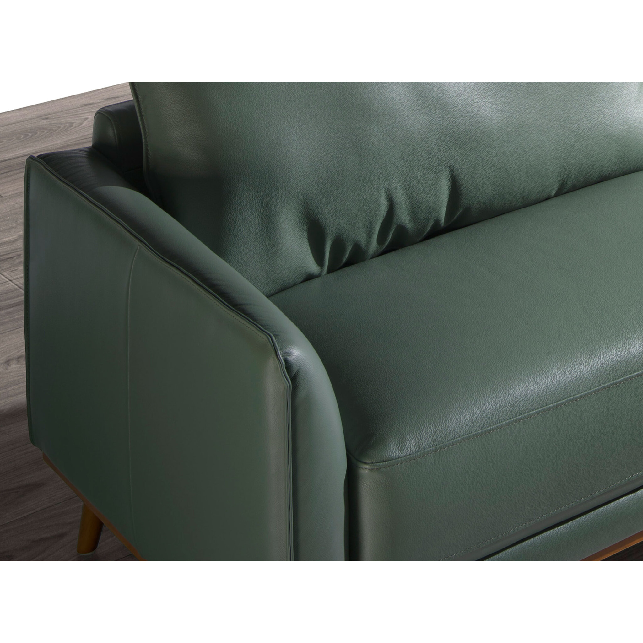 Sofá chaise longue derecha de 5 plazas tapizado en piel de origen vacuno en verde patas de madera en miel 295x160x90cm