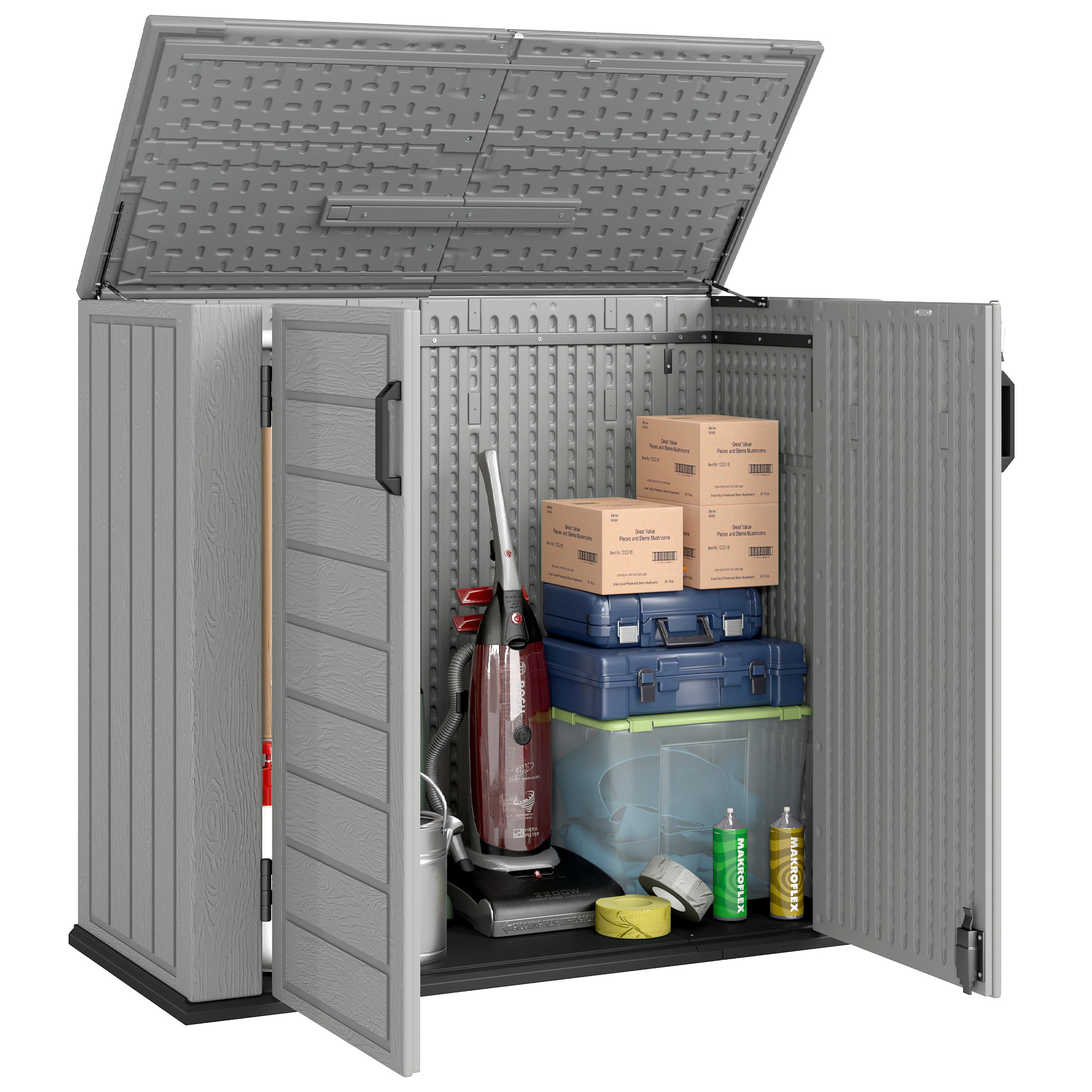 Armario de Exterior de HDPE, 940L, Caseta de Jardín Exterior con Tapa Abatible, 2 Puertas, Cerradura, Cobertizo de Jardín para Almacenaje Herramientas, 142x67x119 cm, Gris Claro