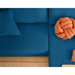 Topaze - canapé d'angle réversible 4 places - convertible avec coffre, tablette et poufs - en velours côtelé - Bleu